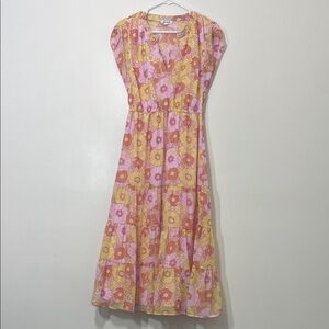 Steve Madden Floral Boho Tiered Maxi Dress Pink & Yellow • Medium